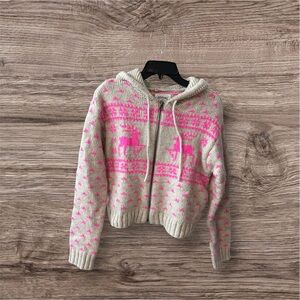 American Eagle Crop Full Zip Knit Hoodie Fair Isle Small